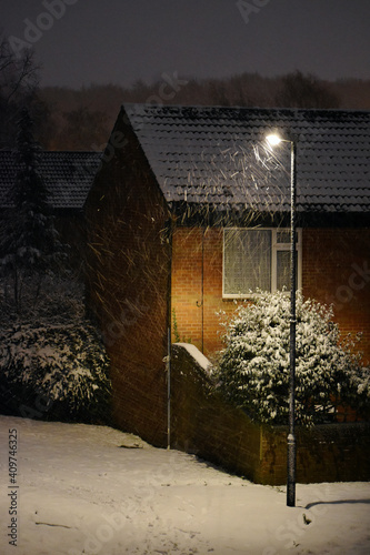 View of an old house in the night in winter, Coventry, England, UK