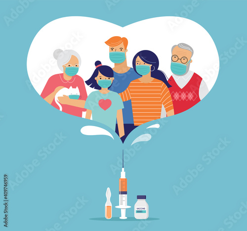 Family Vaccination concept design. Time to vaccinate banner - syringe with vaccine for COVID-19, flu or influenza and a family