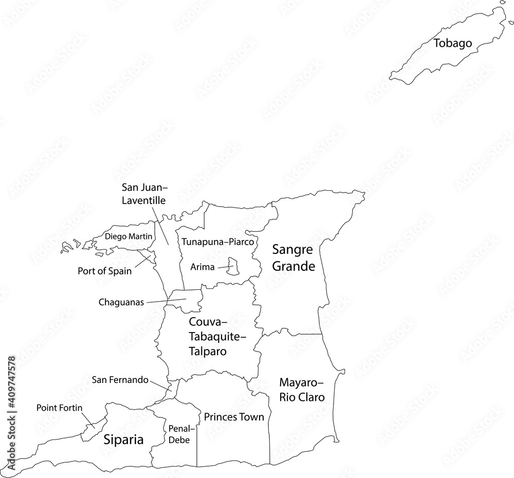 White vector map of Trinidad and Tobago with black borders and names of it's regions, municipalities and wards