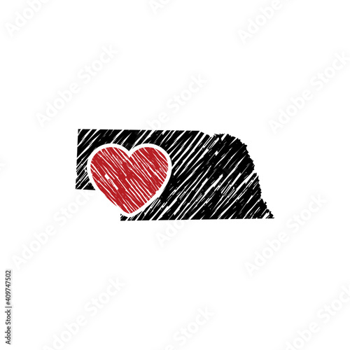 Hand Drawing Nebraska Map And Heart Logo Vector 001