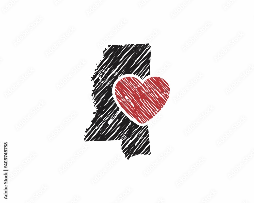 Hand Drawing Mississippi Map And Heart Logo Vector 001 Stock 