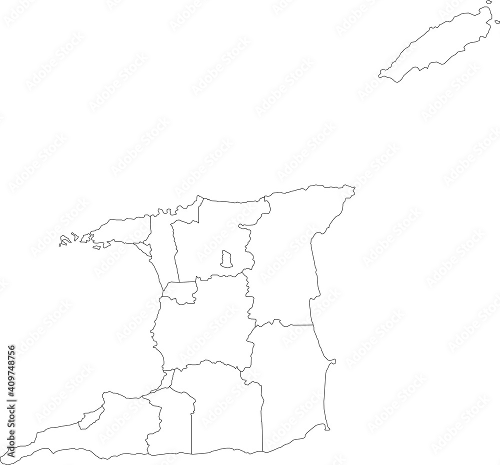 White vector map of Trinidad and Tobago with black borders of it's regions, municipalities and wards White vector map of Trinidad and Tobago with black borders of it's regions, municipalities and wards
