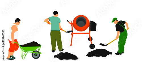 Workers crew with shovel put gravel in concrete mixer vector illustration. Working on construction site. Laborer man with spade digging earth. Digger mining. Industry building house. Wheelbarrow man