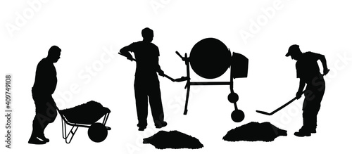 Workers crew with shovel put gravel in concrete mixer vector silhouette. Working on construction site. Laborer man with spade digging earth. Digger mining. Industry building new house. Wheelbarrow man