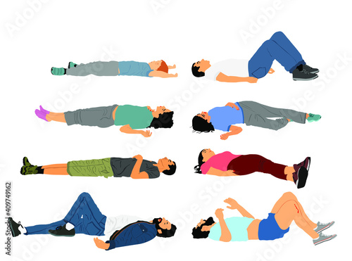 Unconscious man with injury lying down vector. Traffic accident patient after car crush needs medic help. First aid rescue. Boy needs doctor emergency. Earthquake victim, dead family, woman on ground.