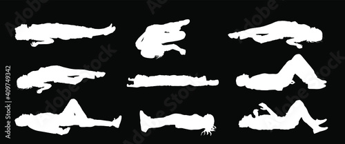 Unconscious man with injury lying down vector silhouette. Traffic accident patient after car crush needs medic help. First aid rescue victim. Boy needs doctor emergency. Dead family, woman on ground. 