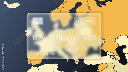 Vector. Frosted translucent bank card against the background of the political map of Europe. Glass morphism style. European Union. Borders of European states on a dark blue background.   
