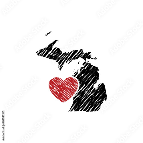 Hand Drawing Michigan Map And Heart Logo Vector 001