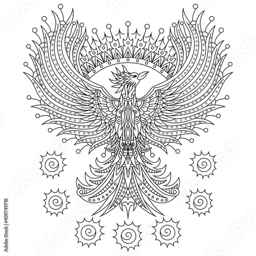 Hand drawn of phoenix in zentangle style