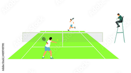 Man tennis players vector silhouette illustration isolated on white background. Tennis match duel with judge on court.Sport competition. Sportsman recreation after work, anti stress therapy.