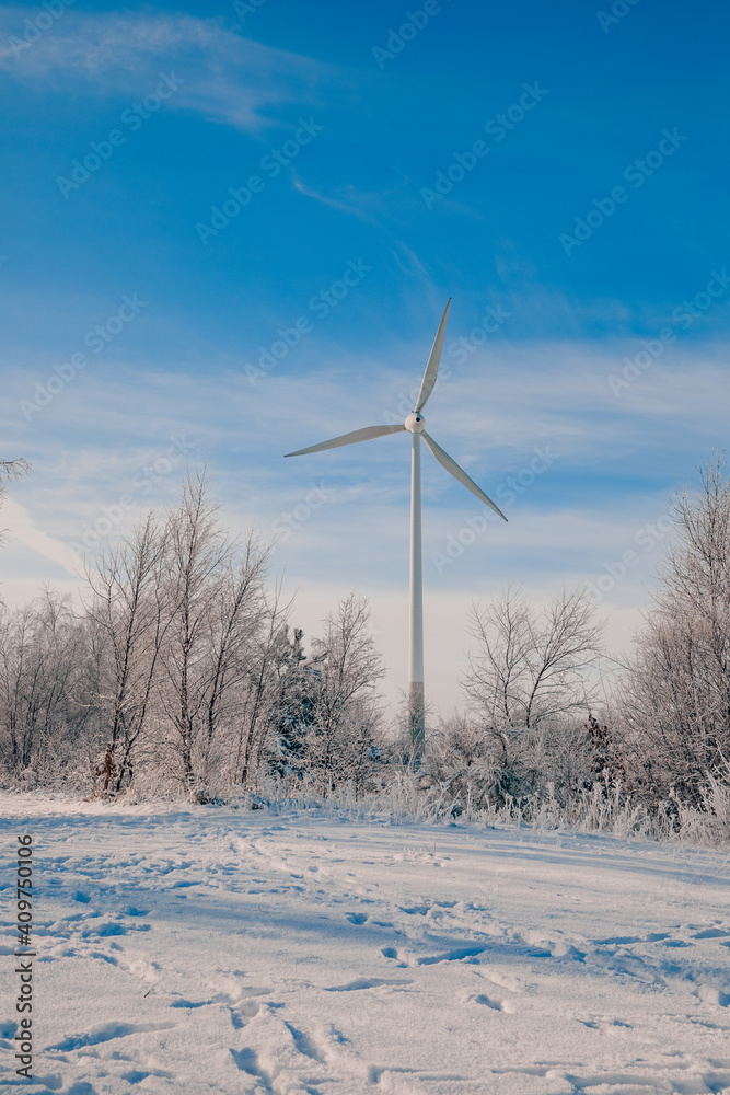 Fototapeta premium wind turbine and sky. Large wind turbine next to a tree with snow. Wind turbine in winter. Winter in East Frisia