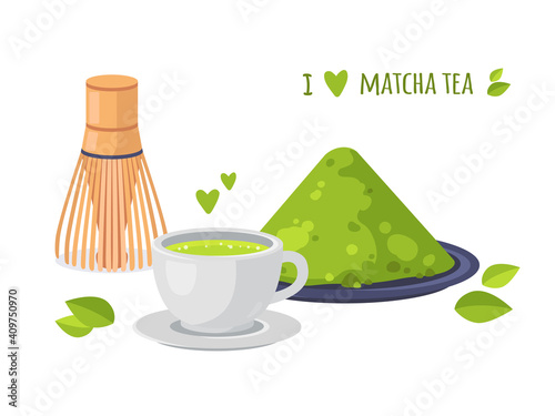 Matcha tea greeting card. Japanese healthy drink. Collection of matcha tea products. Matcha powder, cup, tea leaves, chasen. Cartoon vector illustration.