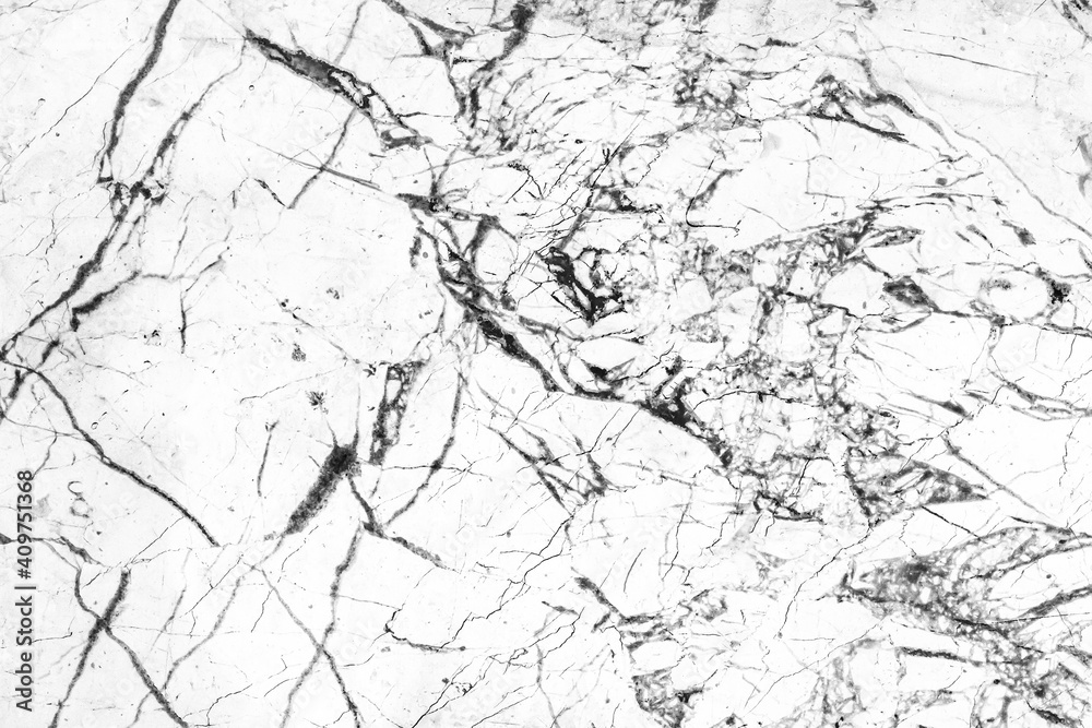 Marble white luxury tile with abstract black pattern of cracks grunge wall texture background.