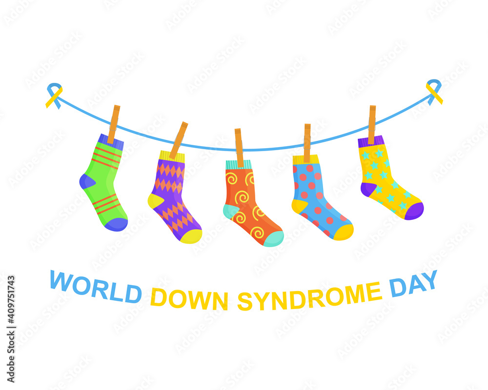 World Down syndrome day banner. Different colorful odd socks hanging on the  rope as a symbol for WDSD. Vector cartoon illustration. Stock Vector |  Adobe Stock