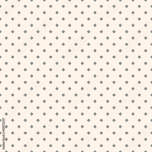 Vector minimalist background. Simple geometric seamless pattern with tiny floral silhouettes, small diamond shapes, crosses. Subtle minimal monochrome abstract texture. Repeat design for decor, print