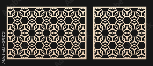 Laser cut panel set. Vector abstract geometric pattern with thin lines, hexagon grid, mesh, lattice, floral ornament. Stencil for laser cutting of wood, metal, decorative panel. Aspect ratio 3:2, 1:1