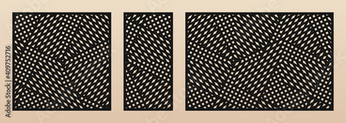 Laser cut pattern set. Vector design with modern geometric ornament, abstract grid, mesh, crossing lines. Template for cnc cutting, decorative panels of wood, metal, paper. Aspect ratio 1:1, 1:2, 3:2