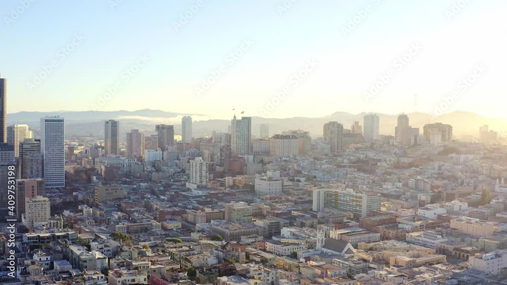 Aerial: beautiful sunset in the city, drone view Aerial: beautiful sunset in the city, drone view