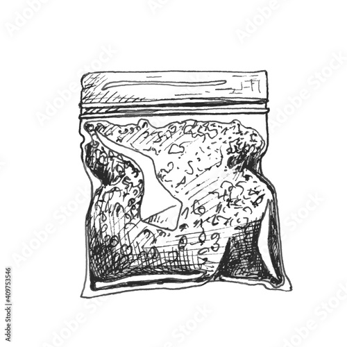 Plastic bag for marijuana. Vector gray vintage hatching illustration
