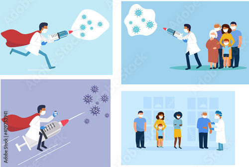 Set of images of Doctor Saves helps people, family, elderly, children, adults to defeat the global virus, pandemic. A vaccine for the coronavirus. The concept of immunity protection. Vector