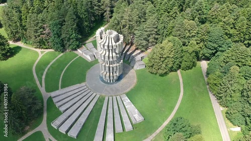 Mrakovica, Bosnia and Herzegovina - July 15, 2019. Concrete monument to the revolution to World War II - Kozara - aerial view of whole area photo