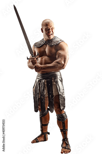 Severe barbarian in leather costume with sword. Portrait of balded muscular gladiator. Studio shot. Isolated on white background.