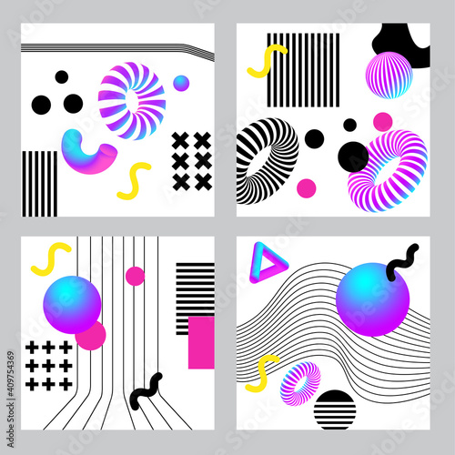 Vibrant 3d geometry and lines abstract collages set. Vector design for social media and visual content, web and UI design, posters, collage, branding.