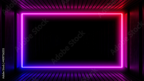 Sci Fy neon lamps in a dark tunnel. Reflections on the floor and walls. 3d rendering image. © Andrey Shtepa