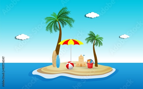 hello summer illustration with hello summer text decoration and coconut trees, palm leaves, sun glasses. summer element template.  vector illustration  © Hunia Studio