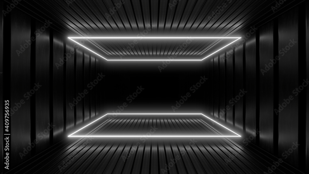 A dark corridor lit by white neon lights. Reflections on the floor and walls. 3d rendering image. A dark corridor lit by white neon lights. Reflections on the floor and walls. 3d rendering image.