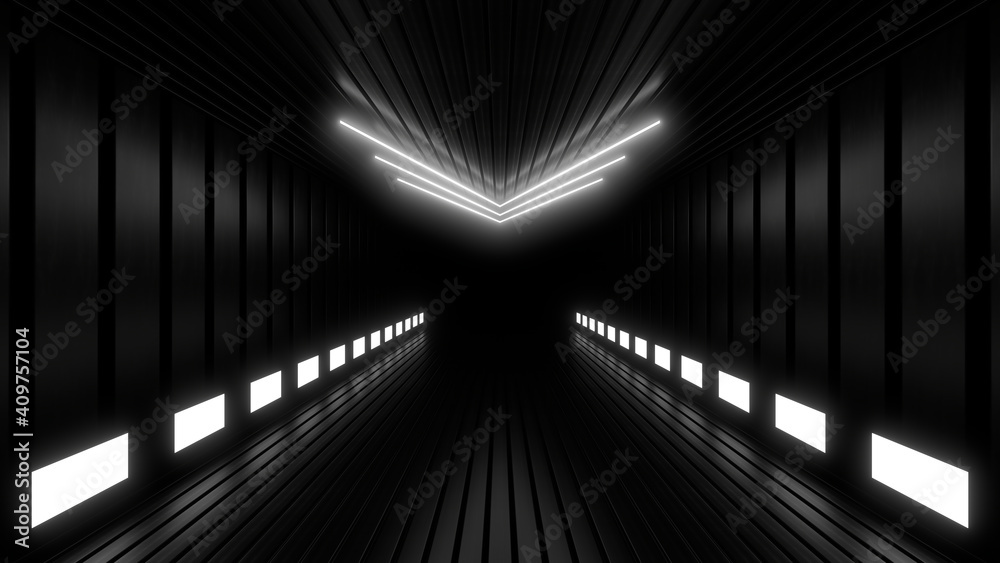 A dark corridor lit by white neon lights. Reflections on the floor and walls. 3d rendering image. A dark corridor lit by white neon lights. Reflections on the floor and walls. 3d rendering image.