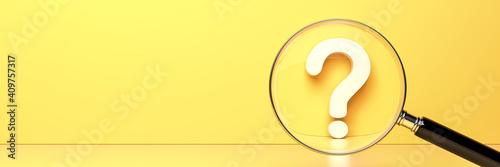 White question mark with magnifying glass on yellow background and empty copy space on left side, FAQ Concept. 3D Rendering photo