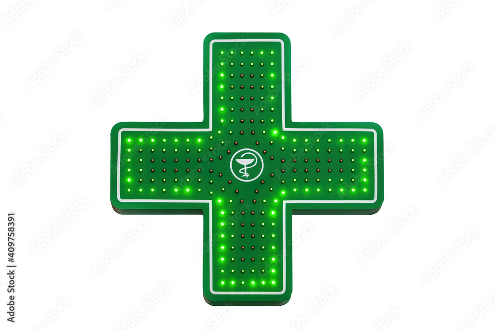 Pharmacy emblem. Green cross with a bowl and a snake Pharmacy emblem. Green cross with a bowl and a snake