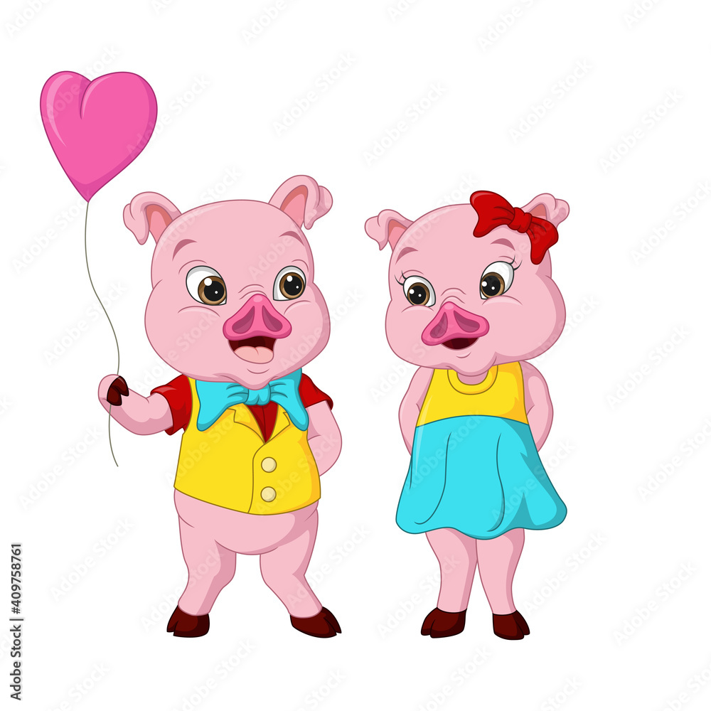 Cute pig couple with balloon heart