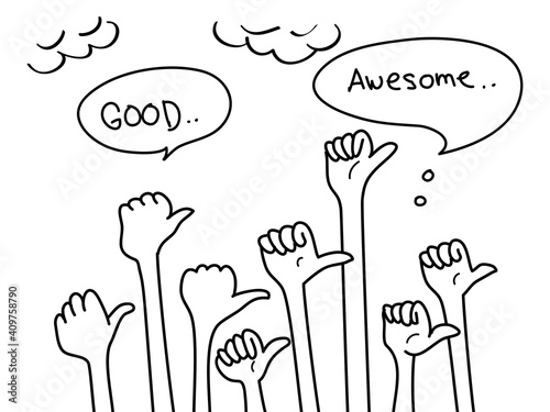 doodle hands up set. thumbs up hand drawn with speech bubble "good, awesome". isolated on white background. vector illustration