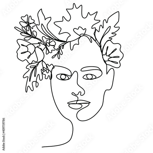 Continuous Line drawing beauty woman face with flowers and leaves. Abstract face woman one line art. Trendy minimalist style. Vector illustration.