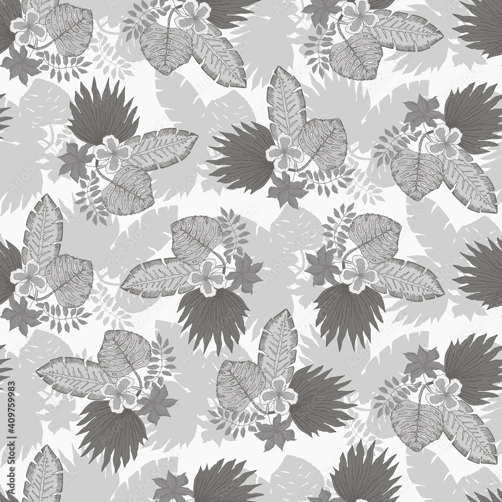 Fototapeta premium Tender monochrome gray seamless pattern with tropical leaves and flowers bouquets. Pale brown botanical texture for textile, wrapping paper, surface, wallpaper