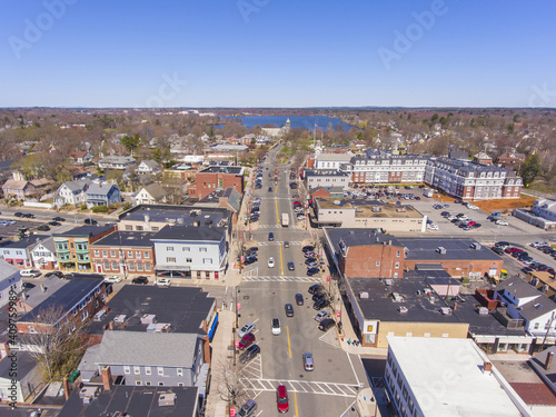 Wakefield historic town center aerial view on Main Street in Wakefield, Massachusetts MA, USA. 