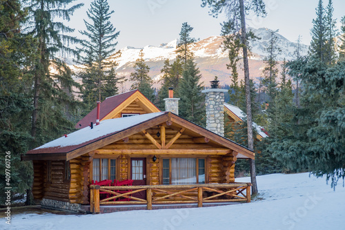 View of a log cabin at Fairmont Jasper park Lodge
