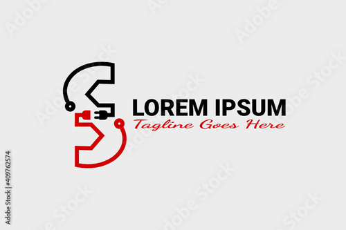 Vector outline logo element with power plugs and wrench illustration forming the initials "S". Usable for applications, electronics, technology and general services electrical logos.