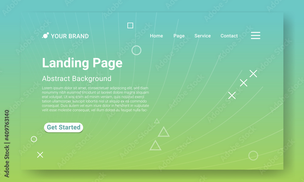 Abstract Landing Page Website Template Vector. Modern Green gradient geometric background with dynamic shapes. Design for website and mobile website development.
