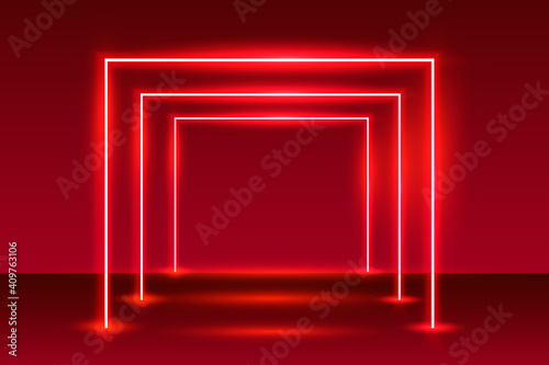 Neon show light podium red background. Vector illustration