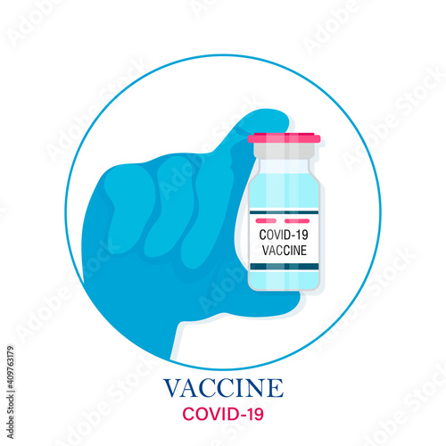 Developed Covid-19 vaccine in doctor hand. Medical bottle with coronavirus vaccine. Treatment for coronavirus covid-19. Vector illustration