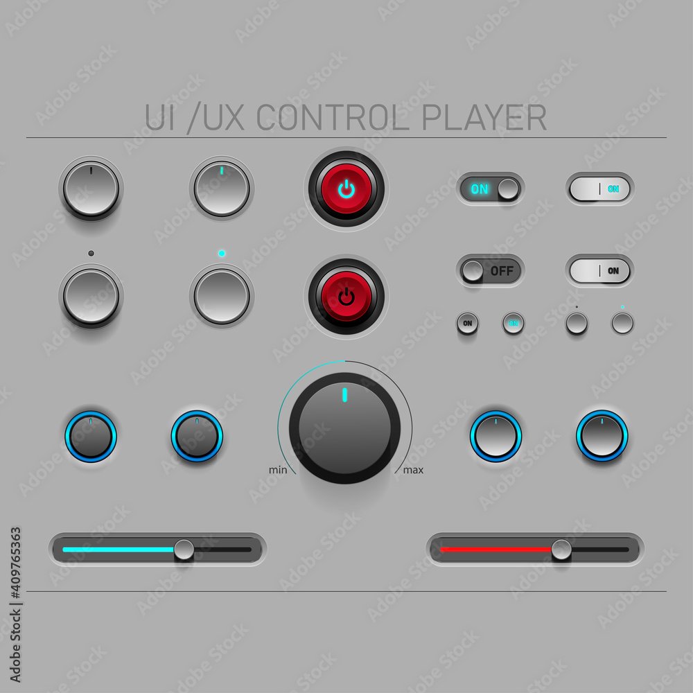 User interface elements for control player.ui ux design kit. Rotary button with indicator light Sliding button left-right. Contemporary-modern design in white-earth tone cream. User interface elements for control player.ui ux design kit. Rotary button with indicator light Sliding button left-right. Contemporary-modern design in white-earth tone cream.