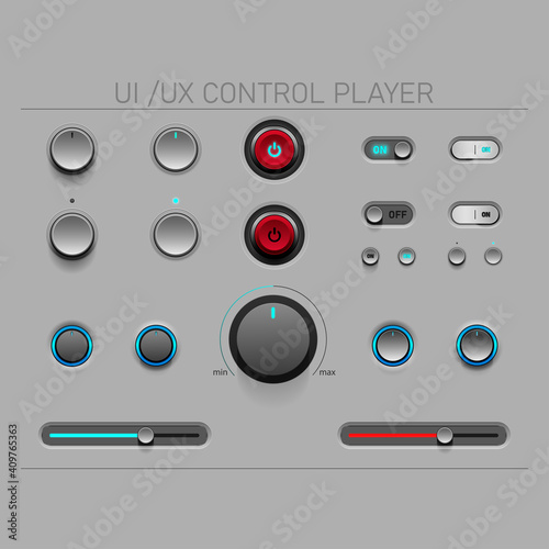 User interface elements for control player.ui ux design kit. Rotary button with indicator light Sliding button left-right. Contemporary-modern design in white-earth tone cream.