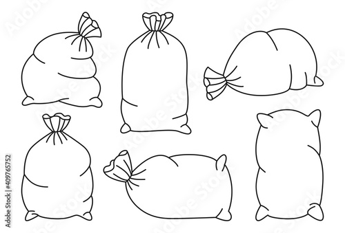 Sacks with flour or sugar black line set. Bag burlap sketch collection. Harvest agricultural icon flour production. Bakery and mill symbol. Design organic farm elements, packaging label vector