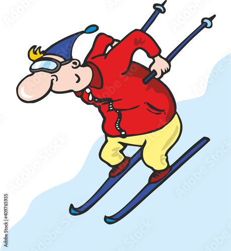 Active winter entertainment, winter sports, alpine skiing. An equipped skier descends the mountain at high speed. Flat infographics. Vector illustration in cartoon style.