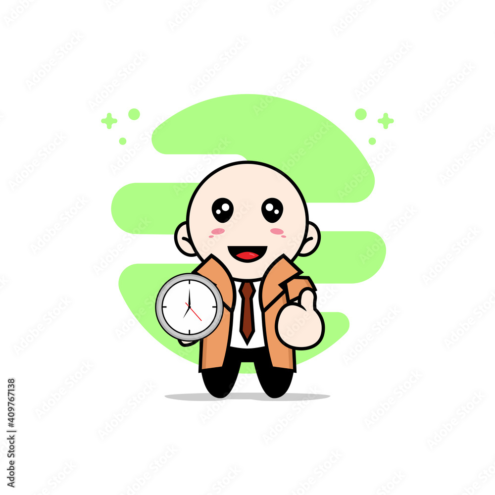 Cute detective character holding a wall clock. Cute detective character holding a wall clock.