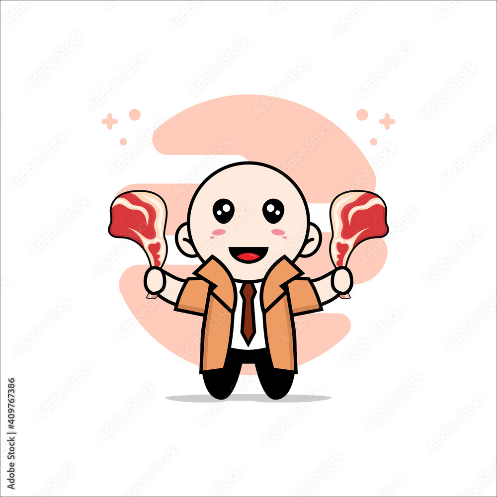 Cute detective character holding a meat. Cute detective character holding a meat.