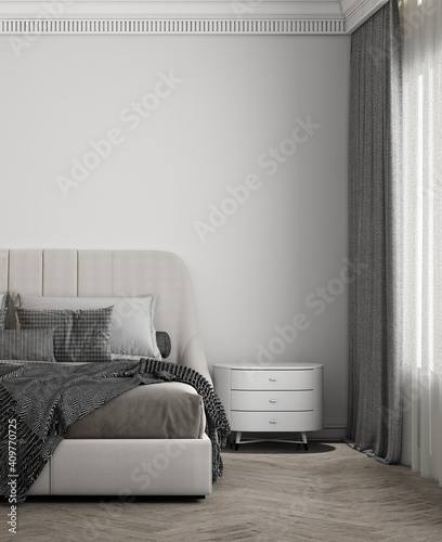 Cozy modern mock up design of bedroom interior have bed and side table with white pattern wall background photo